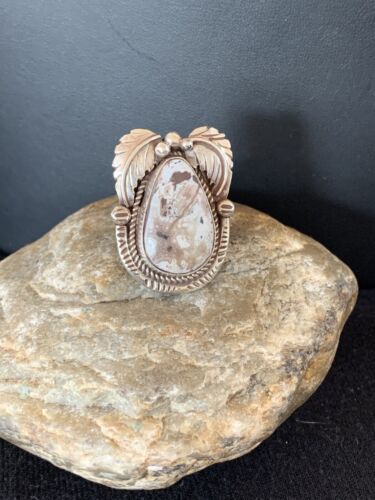 Southwestern Navajo White Buffalo Turquoise Ring | Sterling Silver | Sz 9.5 | 318