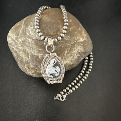 White Buffalo Turquoise Pendant | Navajo Pearls | Sterling Silver Necklace 21" | 17328 - Masha USA