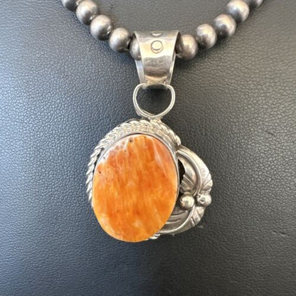 Navajo Orange Spiny Oyster Pendant Necklace | Sterling Silver Pearls | Authentic Native American Handmade | 16557
