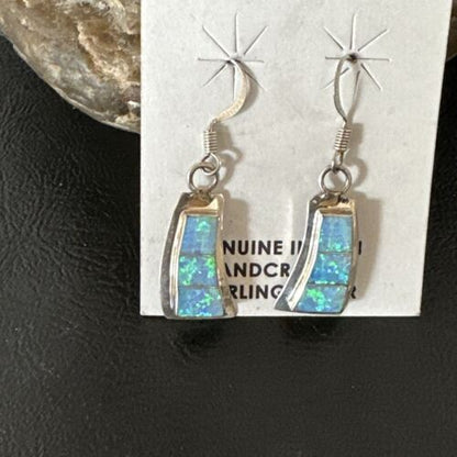 Navajo Blue Faux Opal Inlay Dangle Earrings | Sterling Silver | 1" | Authentic Native American Handmade | 17439