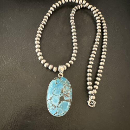 Navajo Blue Spiderweb Turquoise Pendant Necklace | Sterling Silver | Authentic Native American Handmade | 17019