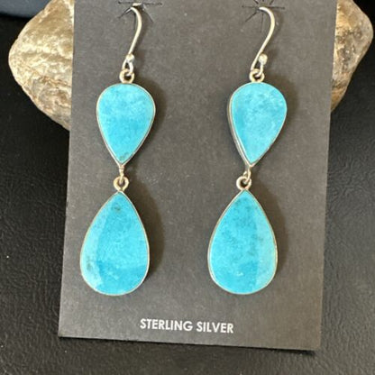 Navajo Blue Kingman Turquoise Dangle Earrings | Sterling Silver | Authentic Native American Handmade | 15122