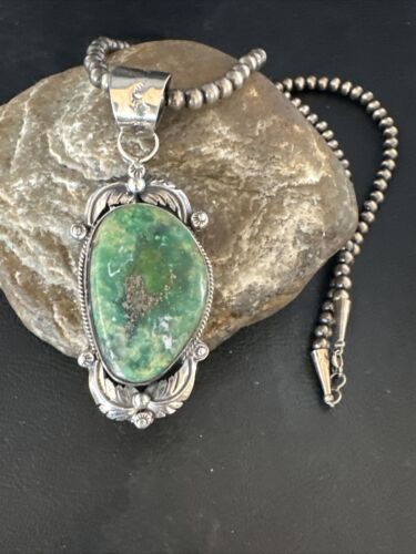 Sonoran Gold Turquoise Pendant Necklace | Navajo Sterling Silver Beads | Authentic Native American Handmade | 14854