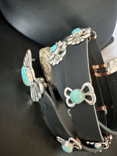 Men's Blue Kingman Turquoise Concho Belt | Sterling Silver Navajo Tufa | Authentic Native American Handmade | 16788