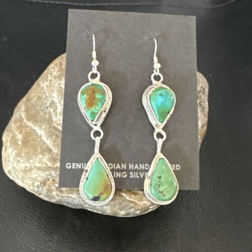 Navajo Green Royston Turquoise Dangle Earrings | Sterling Silver | Authentic Native American Handmade | 16492 - Masha USA