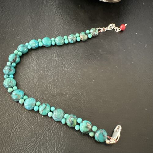 Navajo Blue Turquoise Bead Bracelet | Sterling Silver Link | 8" | Authentic Native American Handmade | 17230