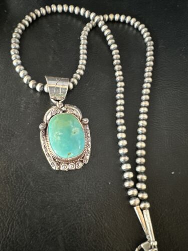 Navajo Pearls Blue Turquoise Necklace Pendant | Sterling Silver | Authentic Native American Handmade | 17390