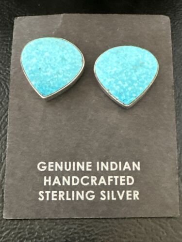 Navajo Blue Kingman Turquoise Post Stud Earrings | Sterling Silver | Authentic Native American Handmade | 17407