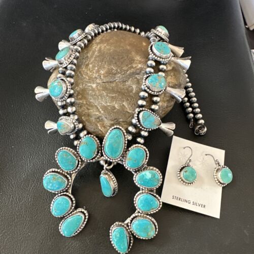 Kingman Turquoise Navajo Squash Blossom Necklace & Earrings | Sterling Silver | Native American Handmade | 16538