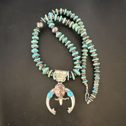 Navajo Sterling Silver Turquoise Wild Horse Naja Necklace Pendant | Authentic Native American Handmade | 16812