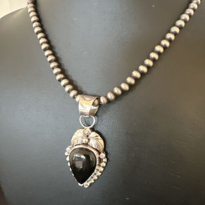 Navajo Pearls Black Onyx Necklace Pendant | Sterling Silver | Authentic Native American Handmade | 16529
