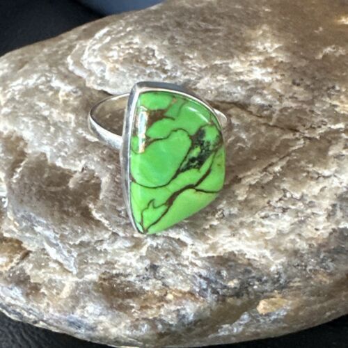 Navajo Green Mojave Turquoise Adjustable Ring | Sterling Silver | Sz 9 | Authentic Native American Handmade | 15928