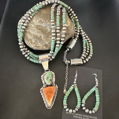 Navajo Royston Turquoise Spiny Pendant Set | Authentic Native American Sterling Silver | 3" | Handmade | 16813