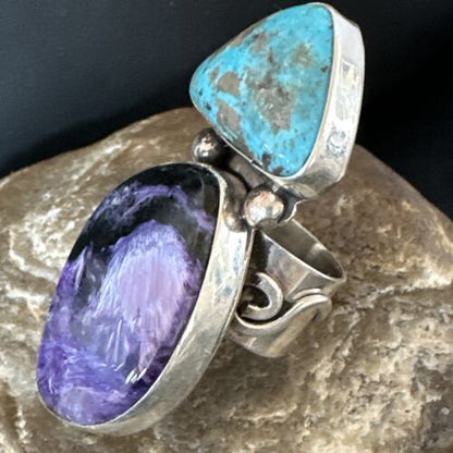 Navajo Blue Turquoise Purple Charoite Ring | Authentic Native American Sterling Silver | Multi-Stone | Sz 8 | 15916