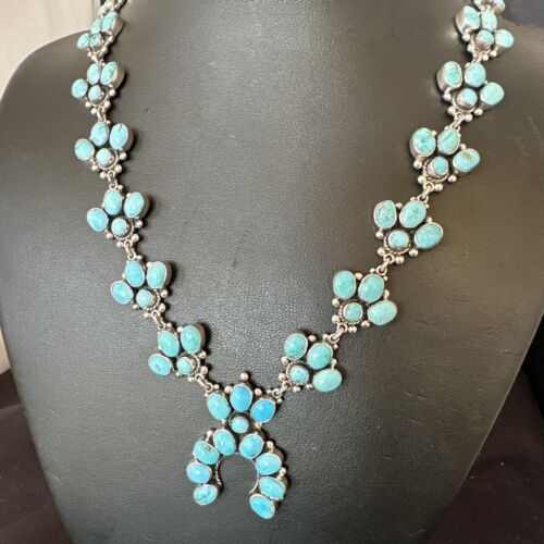 Rare Sleeping Beauty Kingman Turquoise Squash Blossom Necklace | Sterling Silver | 16269