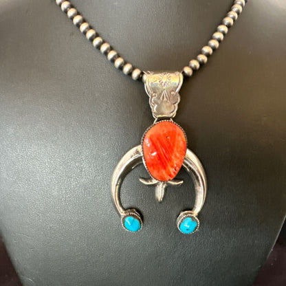 Navajo Blue Turquoise Red Spiny Oyster Naja Pendant | Sterling Silver | Authentic Native American Handmade | 16405