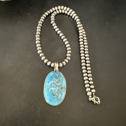 Navajo Blue Spiderweb Turquoise Pendant Necklace | Sterling Silver | Authentic Native American Handmade | 17015