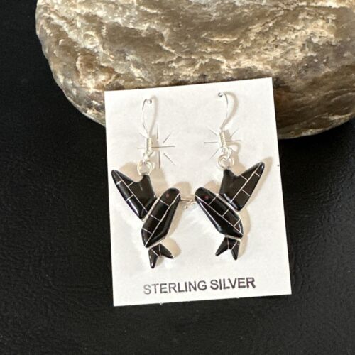 Navajo Black Onyx Hummingbird Earrings | Sterling Silver | 1" | Authentic Native American Handmade | 15090