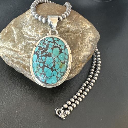 Men's Navajo Blue Spiderweb Turquoise Pendant Necklace | Sterling Silver | Authentic Native American Handmade | 16213