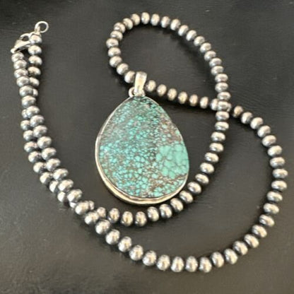 Men's Navajo Blue Spiderweb Turquoise Pendant Necklace | Sterling Silver | Authentic Native American Handmade | 16208
