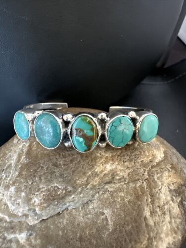 Women's Blue Turquoise 5-Stone Cuff Bracelet | Navajo Sterling Silver | Authentic Native American Jewelry | 16280