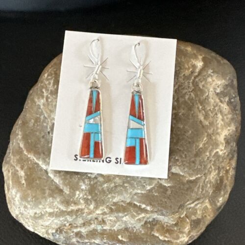 Navajo Blue Turquoise Red Coral Inlay Earrings | Sterling Silver | 1" | Authentic Native American Handmade | 15701