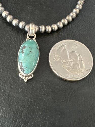 Navajo Pearls Kingman Turquoise Pendant Necklace | Sterling Silver | Authentic Native American Handmade | 14896