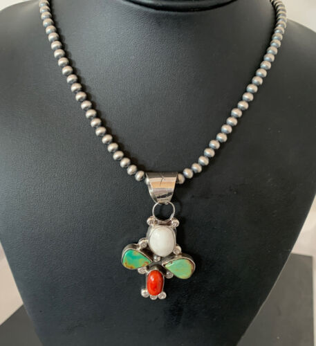 Navajo Turquoise & Coral Naja Pendant Necklace | Sterling Silver | Native American Handmade | 1477