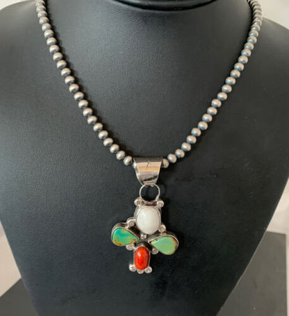 Navajo Turquoise & Coral Naja Pendant Necklace | Sterling Silver | Native American Handmade | 1477