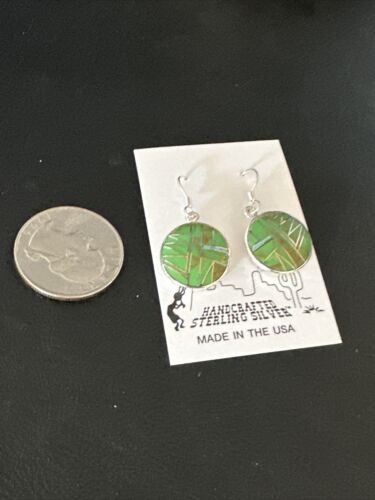 Southwestern Sterling Silver Green Gaspeite Inlay Earrings | 1" | Navajo | 14935