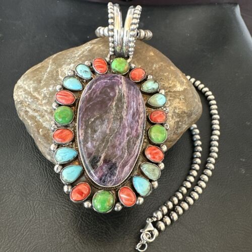 Navajo Purple Charoite Spiny Turquoise Pendant Necklace | Sterling Silver | Multi-Stone | 17146