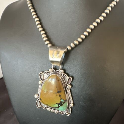 Navajo Men's Green Turquoise Necklace Pendant | Sterling Silver | Authentic Native American Handmade | 17529 - Masha USA