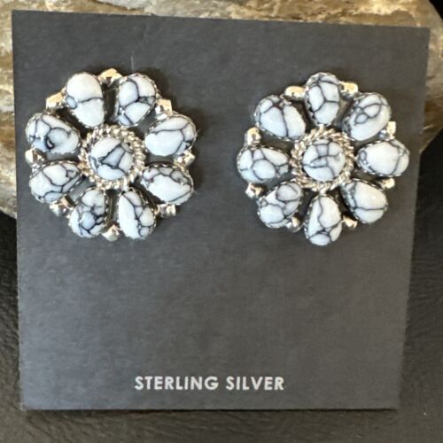 Women's Cluster White Buffalo Turquoise Earrings | Navajo Sterling Silver | Authentic Native American Handmade | 16343