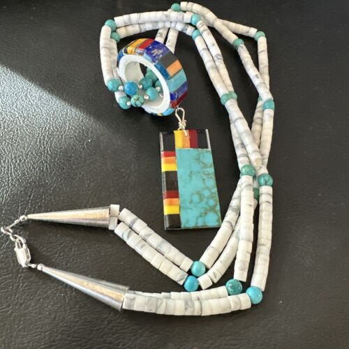 Santo Domingo Multi-Color Turquoise Necklace with Inlay Pendant | Sterling Silver | 24" | 16857 - Masha USA