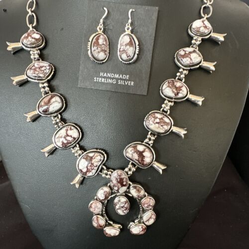 Navajo Squash Blossom Necklace with Wild Horse Turquoise | Sterling Silver Earrings | 16268