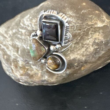Navajo Blue Turquoise, Onyx, Tigers Eye Multi-Stone Cluster Ring | Authentic Native American Sterling Silver | Sz 10 | 14842