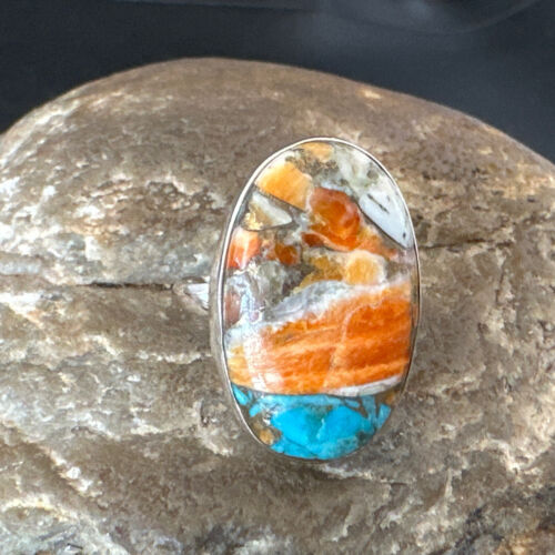 Navajo Blue Turquoise Orange Spiny Oyster Ring | Sterling Silver | Sz 8 | Authentic Native American Handmade | 16621