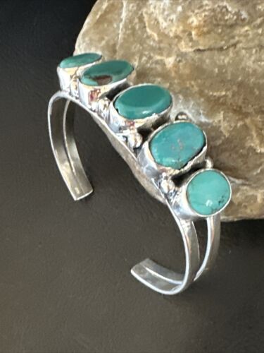 Women's Blue Turquoise 5-Stone Cuff Bracelet | Navajo Sterling Silver | Authentic Native American Jewelry | 16279