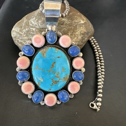 Navajo Multi-Stone Necklace | Lapis, Pink, Blue Turquoise | Sterling Silver | 17456
