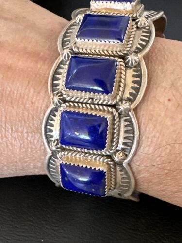 Navajo Blue Lapis 5 Stone Cuff Bracelet | Sterling Silver | XL Men's | Authentic Native American Handmade | 15861