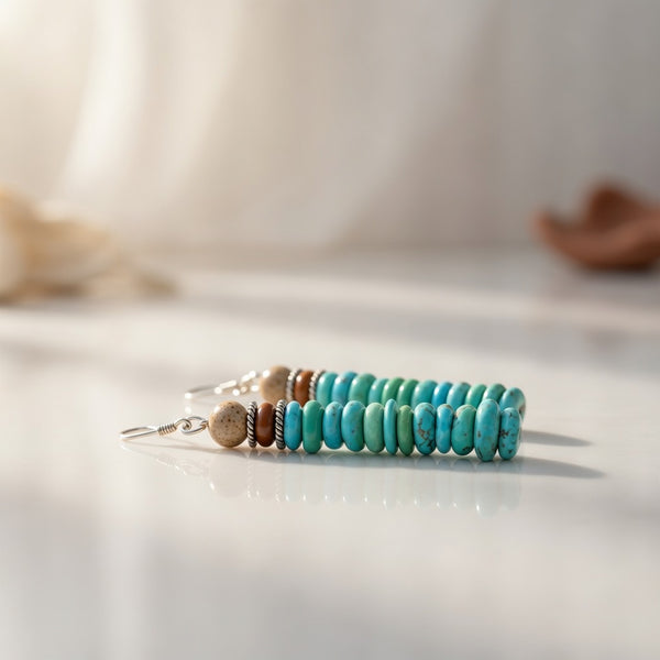 Navajo Green Turquoise & Picture Jasper Bead Earrings | Sterling Silver | Authentic Native American Handmade | 4080