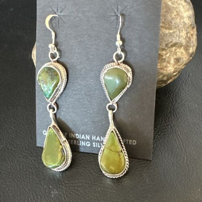 Navajo Green Royston Turquoise Dangle Earrings | Sterling Silver | Authentic Native American Handmade | 16490 - Masha USA