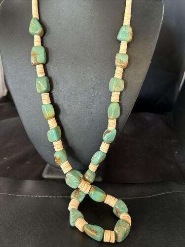 Santo Domingo Green Nugget Turquoise Necklace | Sterling Silver | 30" | Authentic Native American Handmade | 15291 - Masha USA