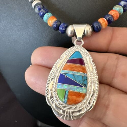 Navajo Spiny Oyster Turquoise Lapis Inlay Pendant Necklace | Sterling Silver | 21" | Authentic Native American Handmade | 16629