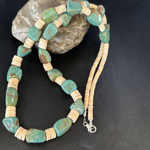 Santo Domingo Green Nugget Turquoise Necklace | Sterling Silver | 30" | Authentic Native American Handmade | 15291