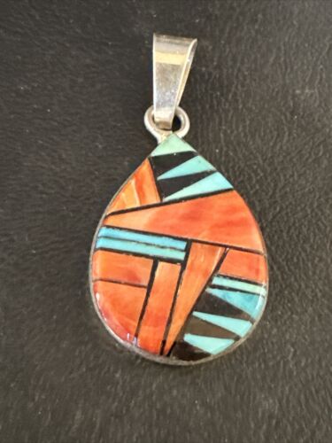 Women's Blue Turquoise & Spiny Oyster Inlay Pendant | Navajo Sterling Silver | Authentic Native American Jewelry | 15196