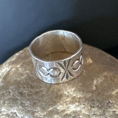 Navajo Stamped Wide Band Ring | Sterling Silver | Sz 7 | Authentic Native American Handmade | 15294