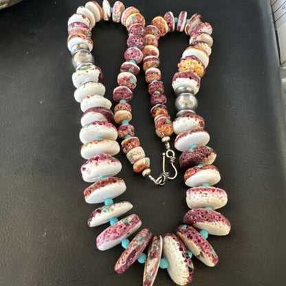 Purple Spiny Oyster & Turquoise Necklace | Navajo Sterling Silver | Authentic Native American | 25" | 15023