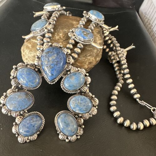 Navajo Sterling Silver Denim Lapis Pendant Necklace | Naja Squash Blossom | Authentic Native American Handmade | 15033