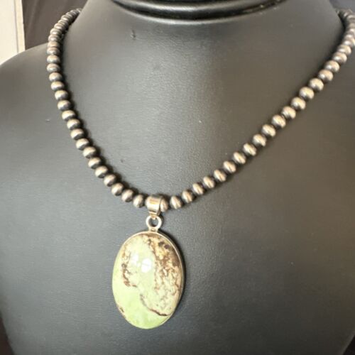Navajo Green Gaspeite Pendant Necklace | Sterling Silver | Authentic Native American Handmade | 15489